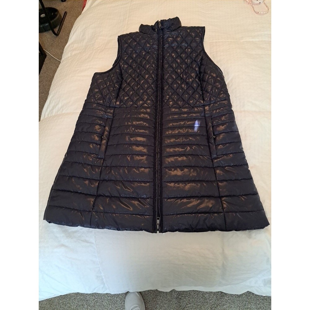 Talbots Petites Navy Quilted Long Full Zip Primaloft Puffer Vest Womens Size P L